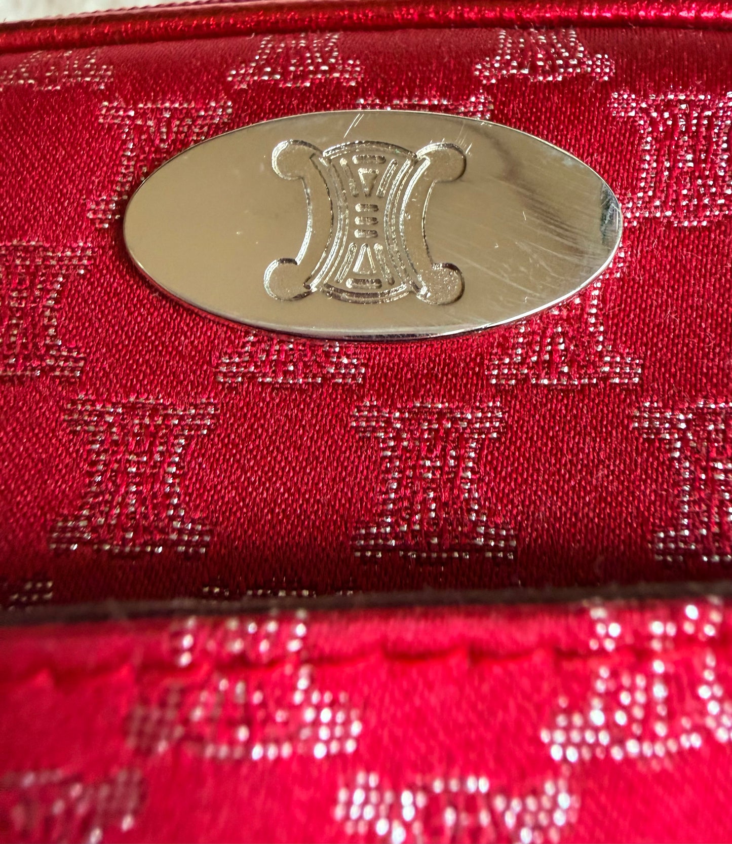 Celine Vintage Red Macadam Blason Canvas Cosmetic Pouch Clutch Bag