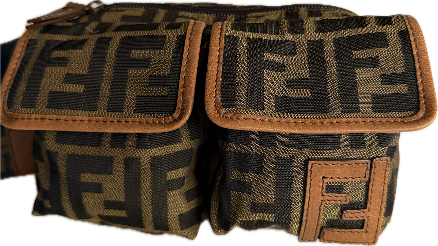 Vintage Fendi Zucca Canvas Double Pocket Belt Bag - Small