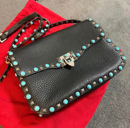 Valentino Garavani Rockstud Rolling Medium Shoulder Crossbody Bag Black Leather