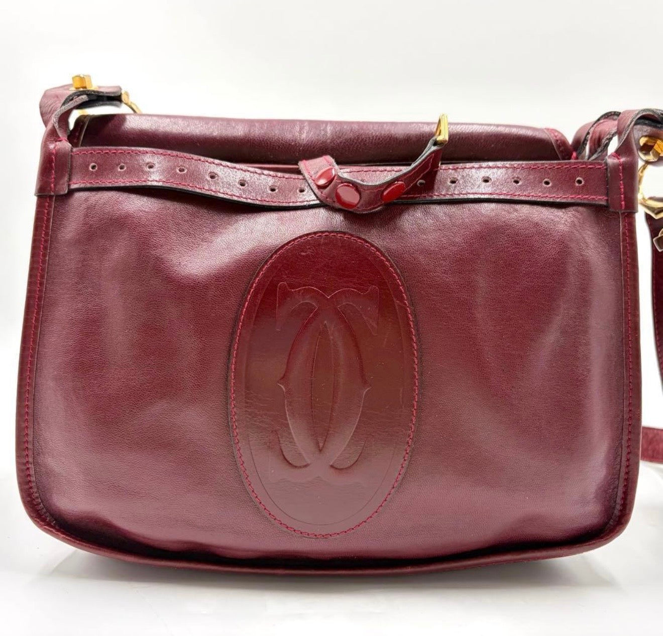 : Vintage Must de Cartier Burgundy Leather Saddle Flap Bag