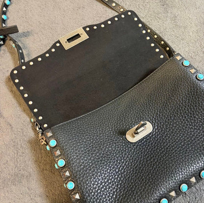 Valentino Garavani Rockstud Rolling Medium Shoulder Crossbody Bag Black Leather