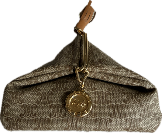 Celine Vintage Macadam Canvas Mini Coin Purse Case with Gold Carriage Charm