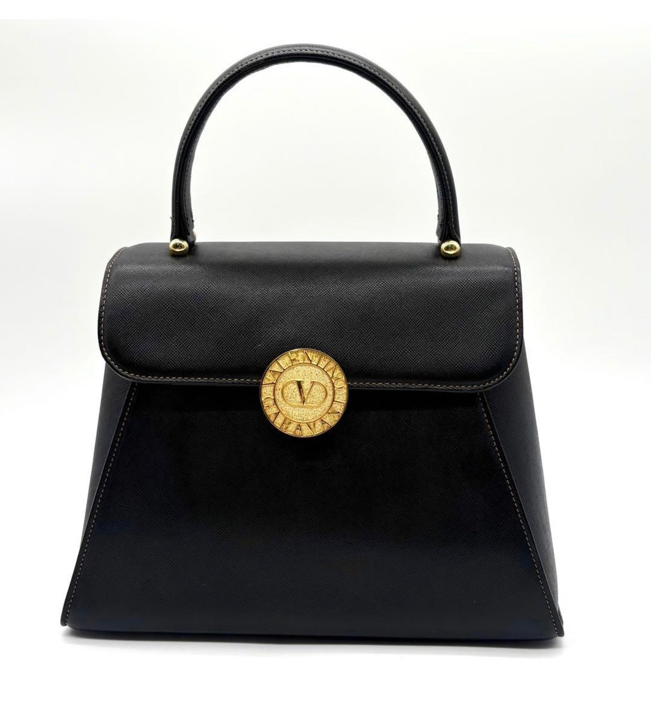 Vintage Valentino Garavani Black Leather Top Handle Bag with Crossbody Strap