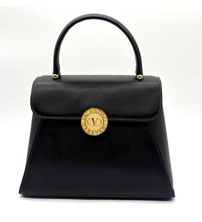 Vintage Valentino Garavani Black Leather Top Handle Bag with Crossbody Strap