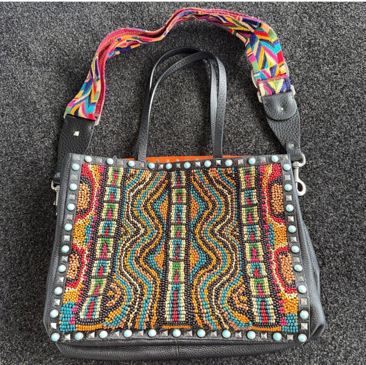 Ultra Rare Valentino Garavani Rolling Rockstud Beaded Guitar Strap Tote Bag Medium Black