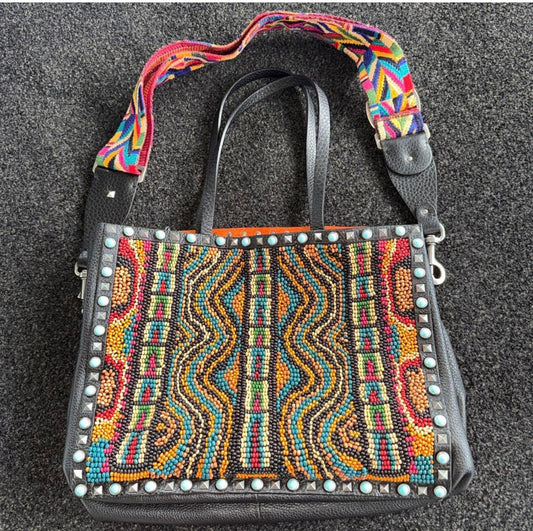 Ultra Rare Valentino Garavani Rolling Rockstud Beaded Guitar Strap Tote Bag Medium Black