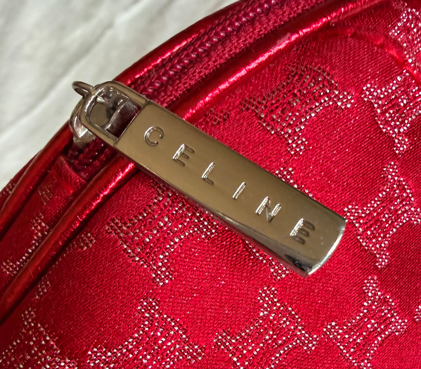 Celine Vintage Red Macadam Blason Canvas Cosmetic Pouch Clutch Bag