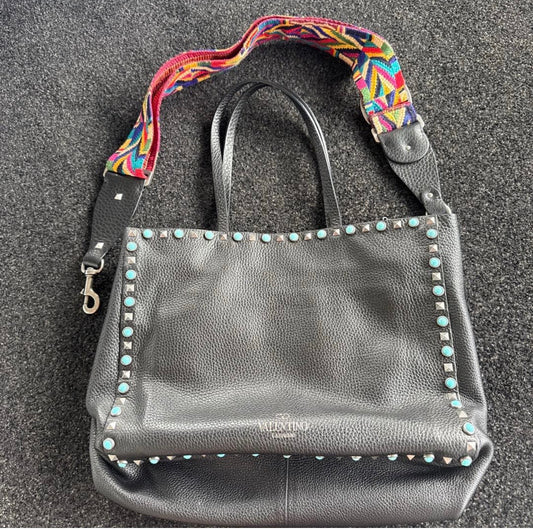 Ultra Rare Valentino Garavani Rolling Rockstud Beaded Guitar Strap Tote Bag Medium Black