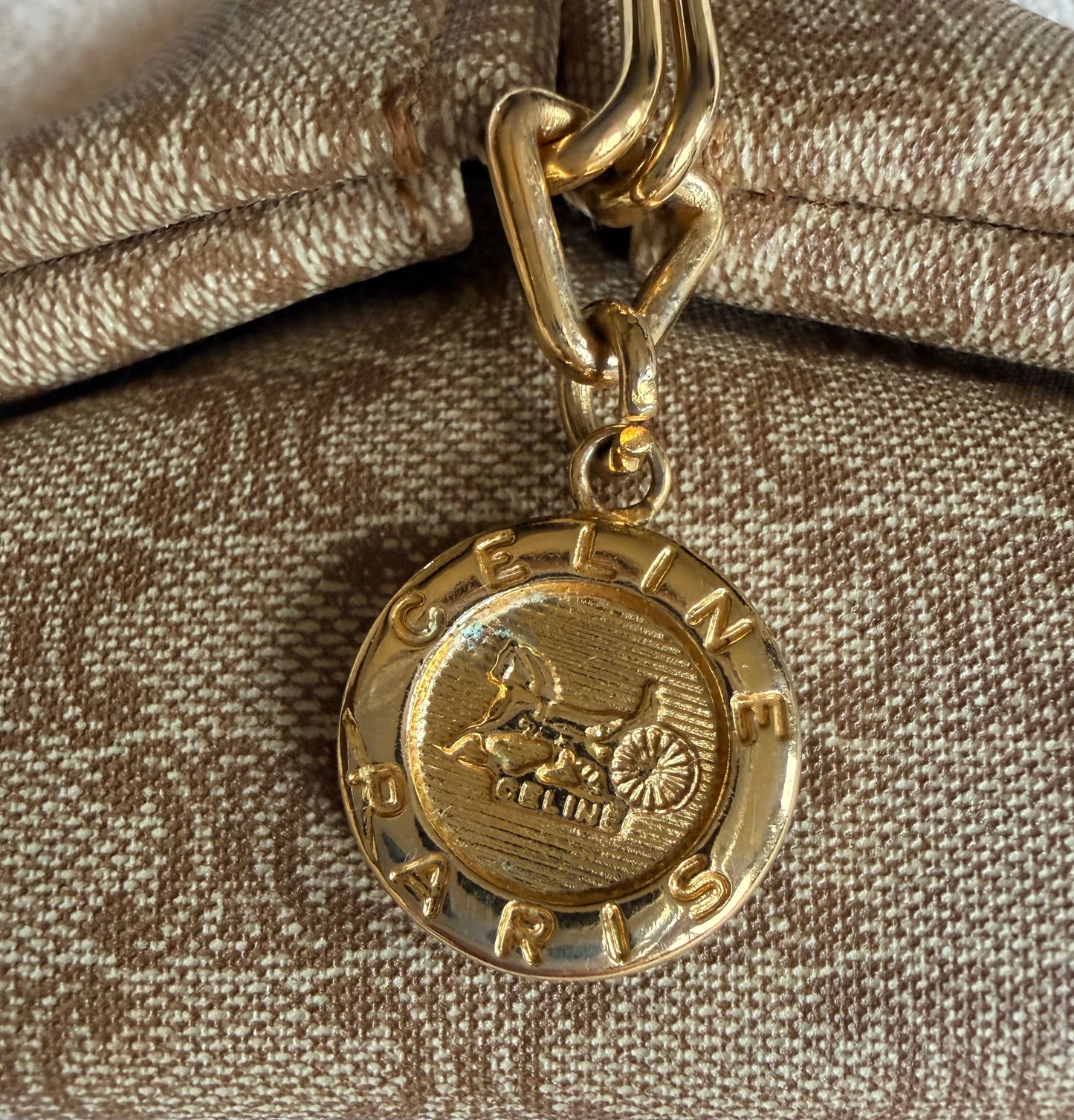 Celine Vintage Macadam Canvas Mini Coin Purse Case with Gold Carriage Charm