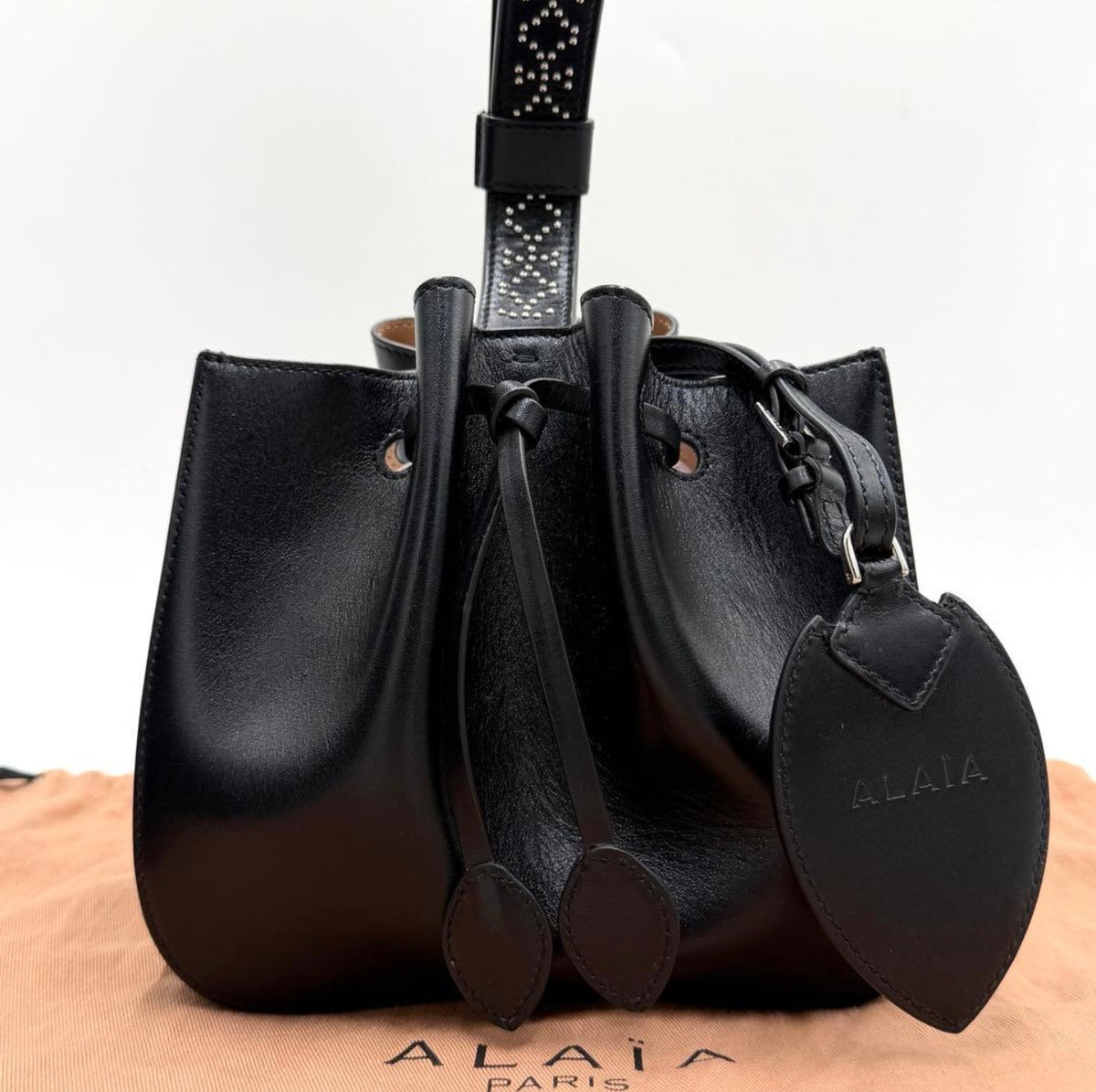 Authentic ALAÏA Black Leather Rose Marie Studded Bucket Bag Excellent Condition