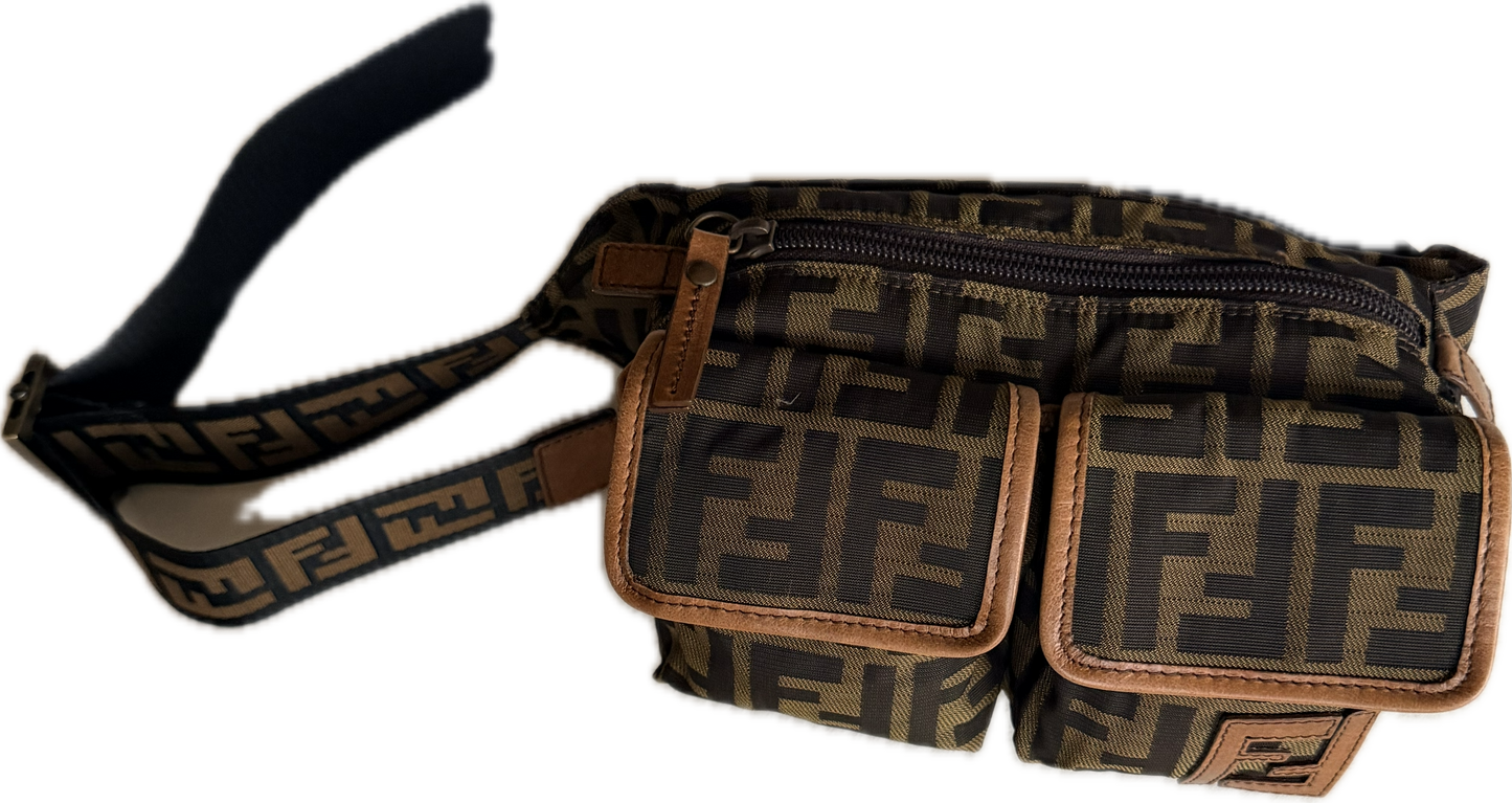 Vintage Fendi Zucca Canvas Double Pocket Belt Bag - Small