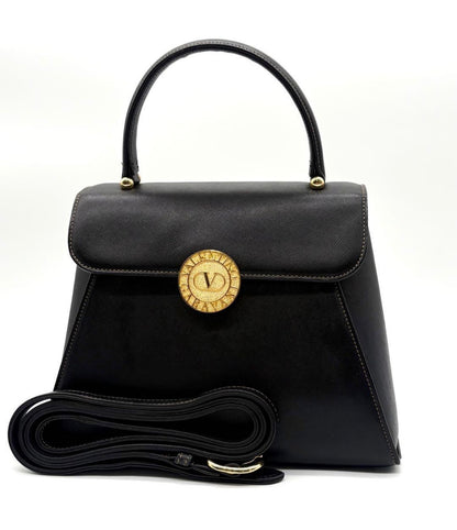 Vintage Valentino Garavani Black Leather Top Handle Bag with Crossbody Strap