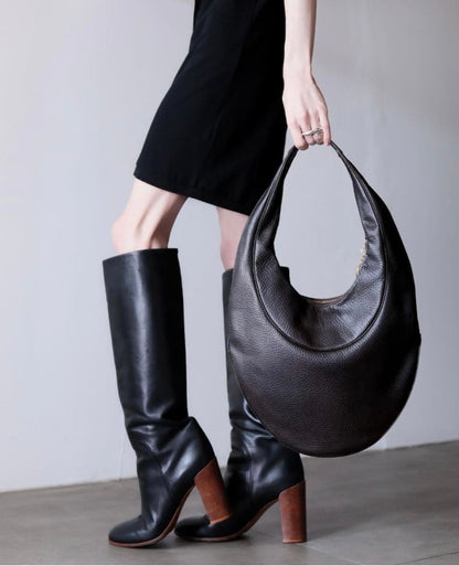 Authentic BVLGARI Black Leather Moon Hobo Bag Slouchy Crescent Shoulder Bag